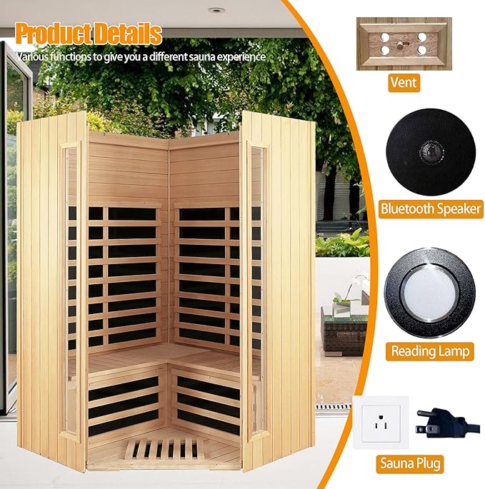 Far Infrared Sauna, 2-3 Person infrared sauna for home, Indoor Home Sauna Canadian Hemlock Wooden Sauna Dry Sauna with 7 Low EMF Heating Panels, Bluetooth Speakers, LED Reading Lights, 1670W