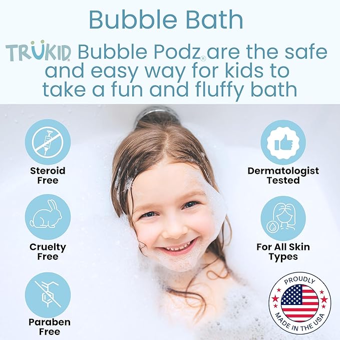 TruKid Bubble Podz Bubble Bath for Kids, Toddlers, & Babies, Tear Free Gentle & Refreshing Bath Bomb for Sensitive Skin with Natural Moisturizers, Non-Toxic, pH Balanced, Eucalyptus Scent (10 Podz)