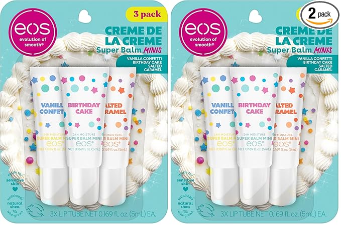 eos 24H Moisture Super Balm Minis- Crème de la Crème,Limited-Edition Lip Mask,Lip Mask,Made for Sensitive Skin,Shea Butter,Variety Pack,0.169 fl oz,3 Count (Pack of 2)