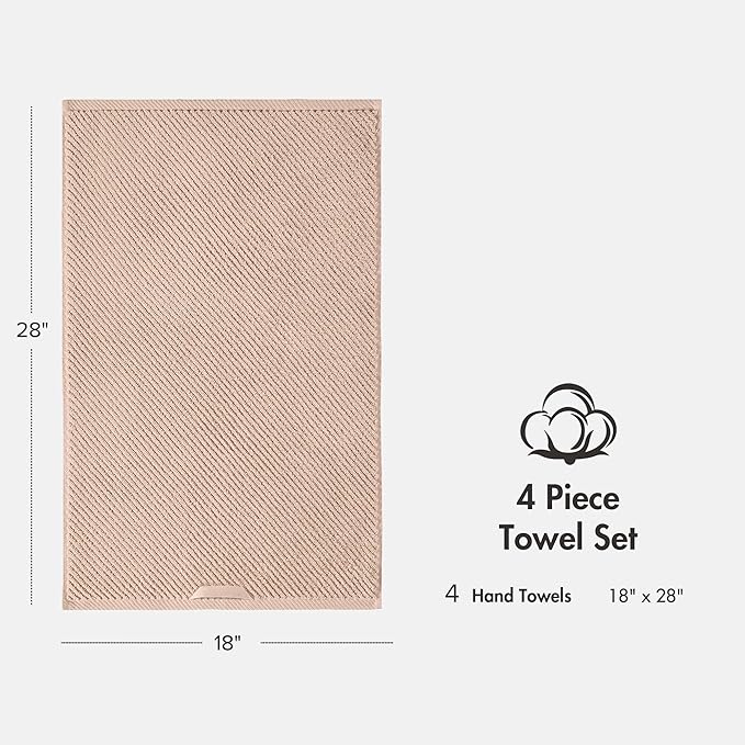 Madison Park 4-Piece Hand Towel Set for Bathroom 18" x 28" Diagonal Ribbed, Beige - 100% Cotton Soft Quick Dry & Absorbent Gift | Zero Twist, 500 GSM, Oeko-TEX, Hotel Quality