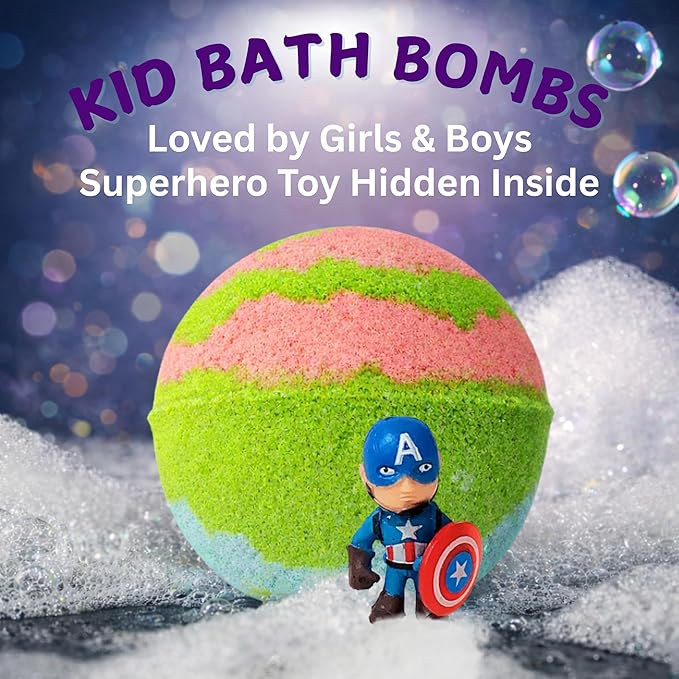EvolutionUSA 1pc Green Epic Superhero Bath Bombs for Kids – Super Hero Bath Bomb Toy Inside, Lush Childrens Bath Bomb, Organic Bathbomb with Surprise, Superhero Bath Fizzer Christmas, Birthday, Easter