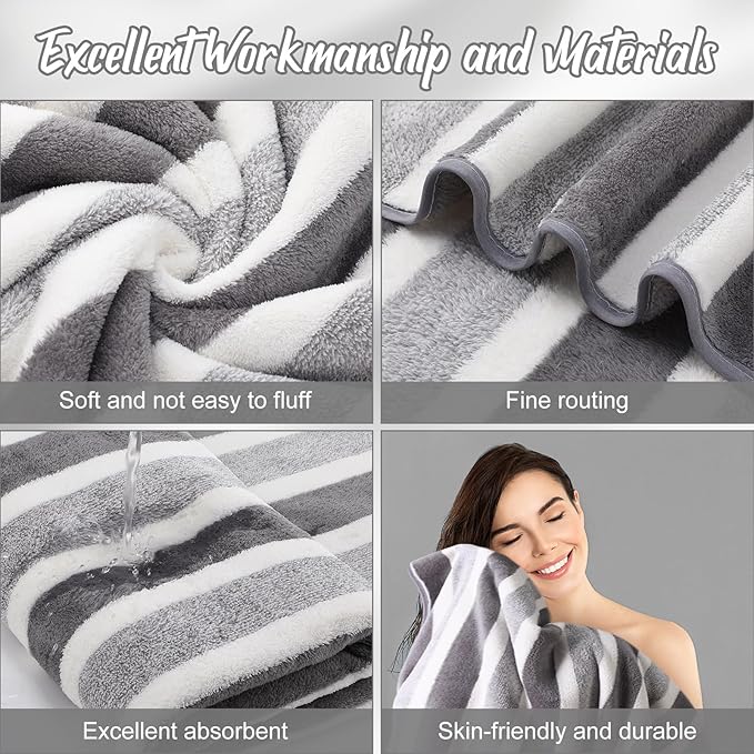 SmoothNovelty 16 Pack Microfiber Bath Towels Bulk 27'' x 60'' Oversized Size Bath Towel Highly Absorbent Extra Large Soft Drying for Beach Shower Summer Salon Sport Gym Party (Stripes,Grey)