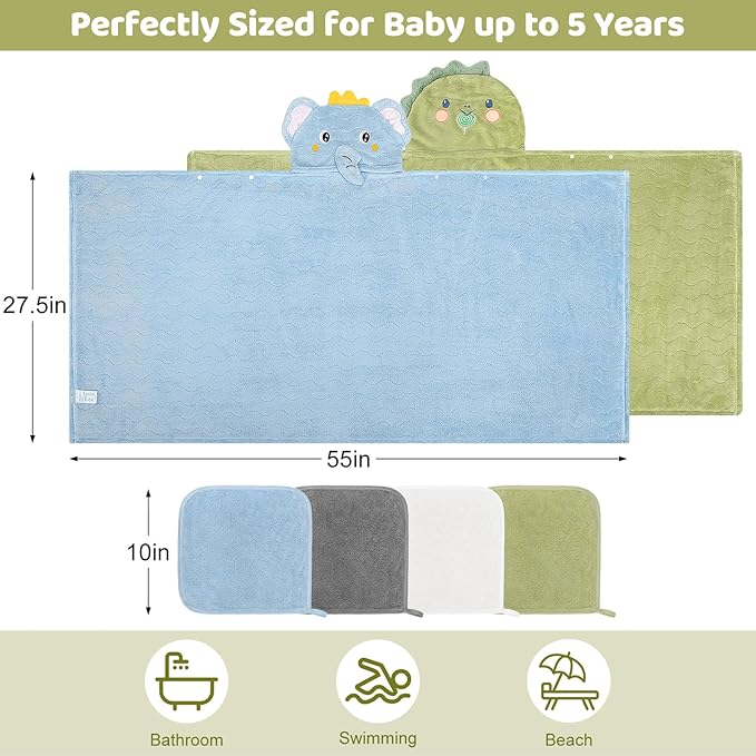 6 PCS Toddler Bath Towel Set for Boy Girl 0-5 Year, 2 PCS Thick Absorbent Hooded Baby Bath Towels Large 55" x 27.5" & 4 PCS Washcloths, Ultra Soft Gifts for Infant, Toddler, Kids, Dinosaur & Elephant