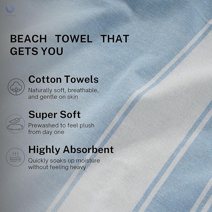 Cotton Turkish Beach Towel with Towels Oversized 36"x72" Pool Absorbent Extra Large Quick Dry Sand Travel Towel (Sky Blue, 2 Pack)