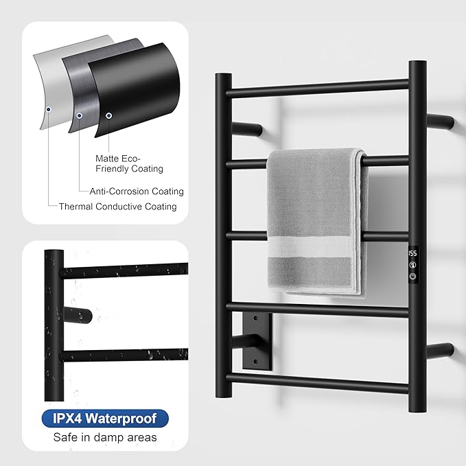 Heated Towel Racks, Towel Warmer Rack for Bathroom, Wall Mounted Electric Towel with Built-in 24hr Timer, Towel Rack Plug-in/Hardwired, Matte Black