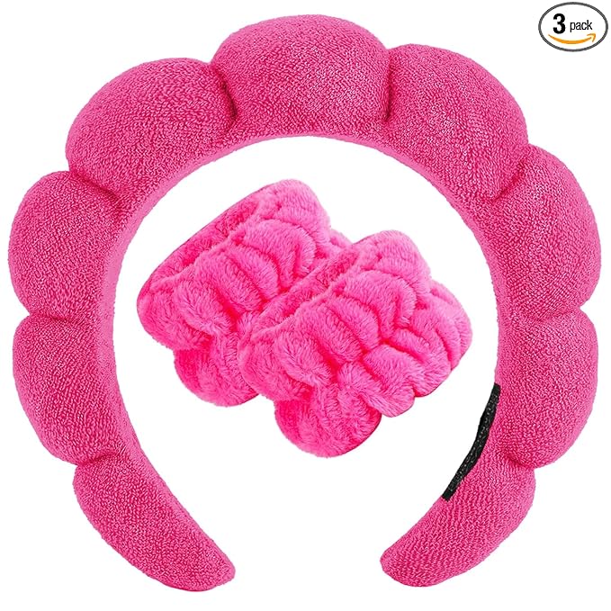 Zkptops Spa Headband for Women Sponge Makeup Skincare Headband Washing Face Wristband Set Terry Cloth Bubble Soft Get Ready Hairband Puffy Padded Headwear Non Slip Thick Hair Accessory(Hot Pink-2)