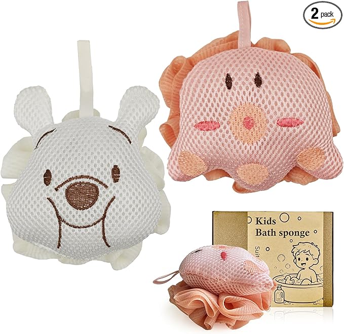 Kids Loofah,Cute Octopus & Bear Bath Sponge,Double-Layer Soft Mesh Loofah for Kids,Gentle Exfoliating Body Scrubber with Rich Foam for Boys & Girls