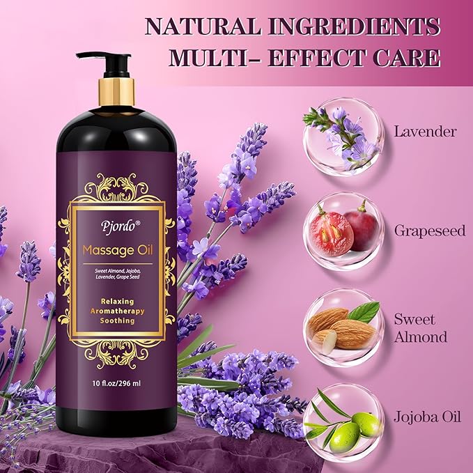 Pjordo 2 Pack Massage Oil for Massage Therapy, Lilac Oil, Lavender Massage Oil for Skin, with Massage Roller Ball, Natural Body Oil for Calming, Aromatic, Soothing, Spa Gift Set for Him Her