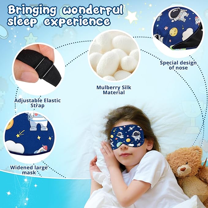 Kids Sleep Mask Eye Cover: 100% Real Natural Pure Silk Eye Mask with Adjustable Strap, Funny Blindfold Kids Eye Mask for Sleeping, Soft & Lightweight Eye Shade for Boys Girls Teens (Space Style)