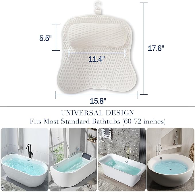 Luxury Bath Tub Pillows for Head and Neck, 4D Breathable Air Mesh Bath Pillow with Non-Slip Suction Cups, Ergonomic Back Support Spa Gifts with Silk Eye Mask