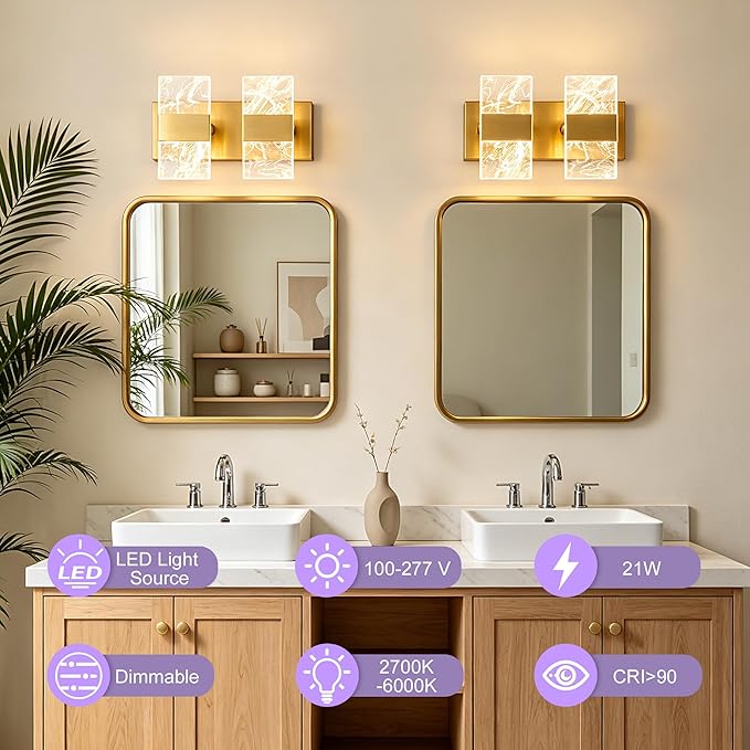 Modern LED Bathroom Light Fixtures Dimmable 2-Light Gold Vanity Light, 5CCT Adjustable Lighting Fixture Vanity Lights Over Mirror, Smoked Acrylic LED Vanity Lights for Bathroom