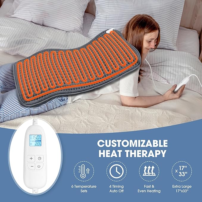 FluffyWarmth Electric Heating Pad for Back, Extra Large 17''x 33'' XXXL for Full Body,Menstrual Period Cramps,Neck Shoulder Back Pain Relief, 6 Heat Settings 4 Timers Heating Pad, Gifts for Women Men