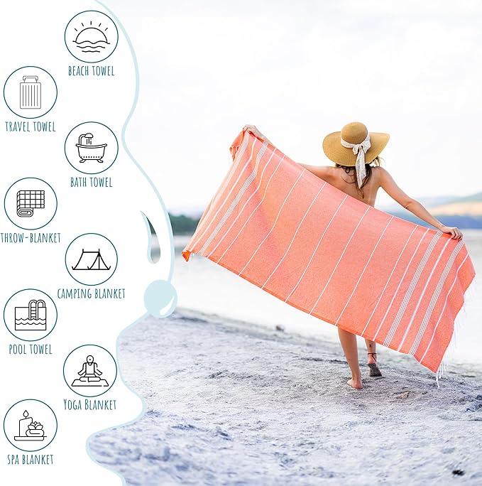 Ray Silver Turkish Beach Towel – 100% Cotton 40x71 Quick Dry Oversized Sand Free Lightweight Blanket for Travel Camping Bath Sauna Pool Gym Yoga (1pc - S-Orange)