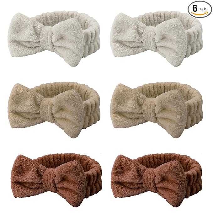 Casoty 6 Pcs Spa Headbands, Hair Holder for Washing Face, Soft Coral Fleece Microfiber Headband, Bow Hair Bands, Beauty Headbands for Face Washing Shower Skin Care Yoga