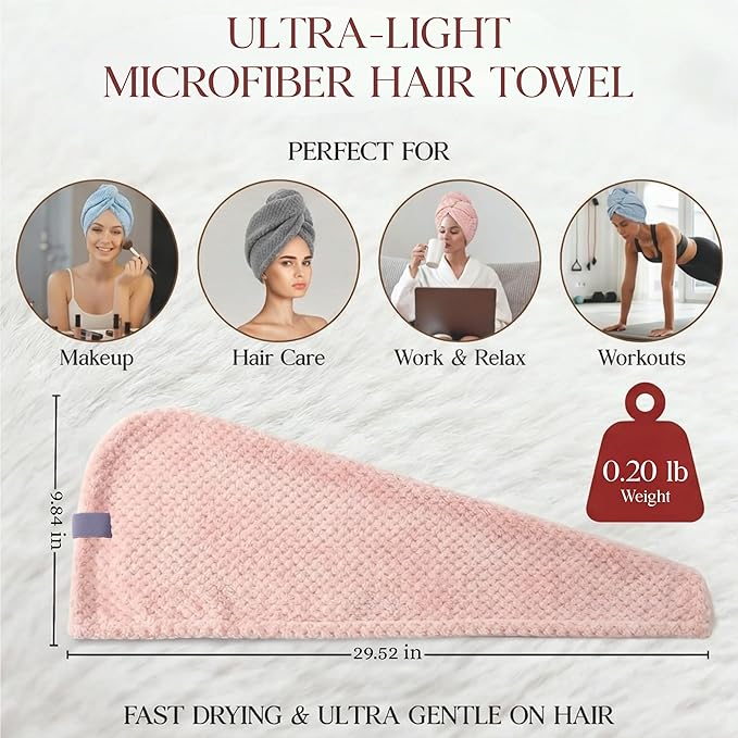3 Pack Large Microfiber Hair Towel Wrap for Women 30 x 10 in | Hair Drying Towel with Button | Hair Turban Towel Quick Dry Waffle Coral Fleece Head Towels (Pink + Blue + Grey)
