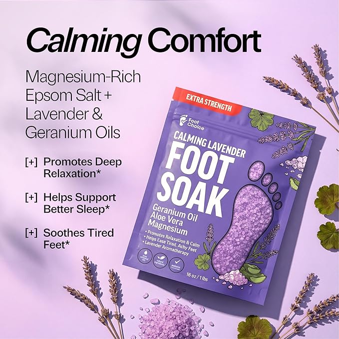 Lavender Foot Soak with Epsom Salt - Calming Aromatherapy for Relaxation & Better Sleep - Soothes Tired, Achy Feet & Softens Skin - Made in USA, 1lb