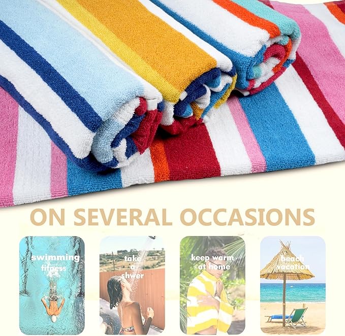 Casa Copenhagen Bora Bora Towels 4Pcs Yellow, Teal, Pink, Red Designer Stripe Beach Towels Gift Set, 30"x 60" Oversized 100% Cotton Pool Towels, Bath Towels for Beach (Summer Gift Set For Women & Men)