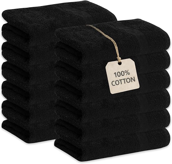GREEN LIFESTYLE Black Bleach Proof Towels Bulk Sets 100% Cotton 16' X 25' Premium Spa Quality, Super Soft and Absorbent for Gym, Pool, Spa, Salon and Home 12 Pack