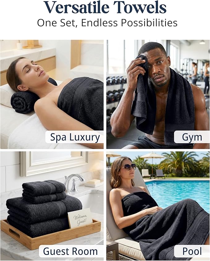LANE LINEN 100% Cotton Towel Set for Bathroom - 6 Piece - Super Soft, Hotel Quality - 2 Bath, 2 Wash cloths, 2 Hand Towels for Bathroom - Classic, Gentle on Skin, Ideal for Spa & Daily Use - Black