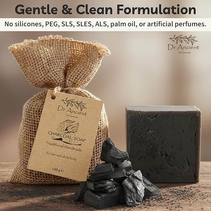 Dr. Ancient Natural Charcoal Soap Bar Traditional Way Handcrafted Charcoal Black Soap for Face & Body, Deep Cleansing, Detoxifying, Pore-Minimizing, Activated Charcoal-Soaps, Vegan, Chemical-Free