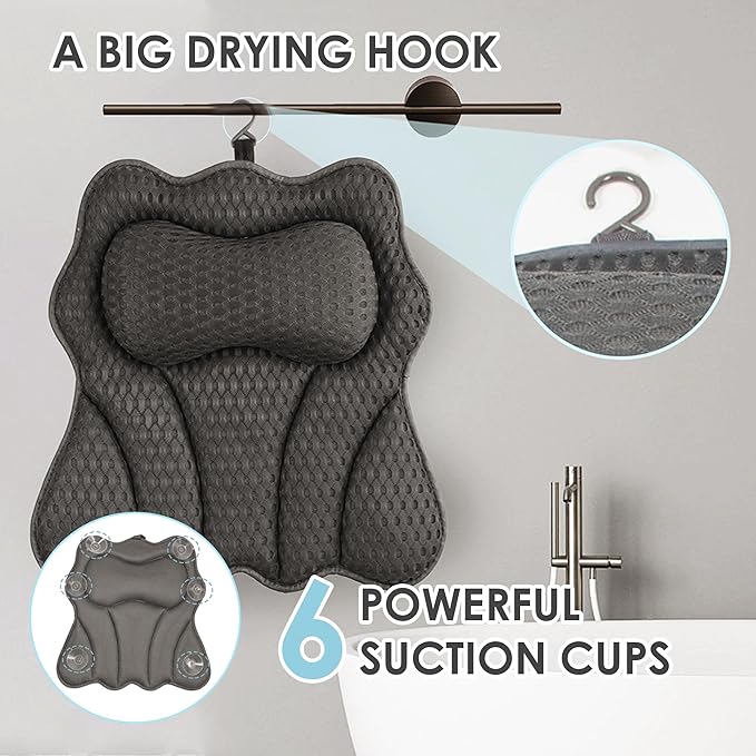 Bath Pillows for Tub, Bath Pillow, Bathtub Pillow, and Luxury Bath Accessories for Head, Neck & Back Support, Relaxing Spa Bath Tub Pillow with 6 Strong Suction Cups (Gray)