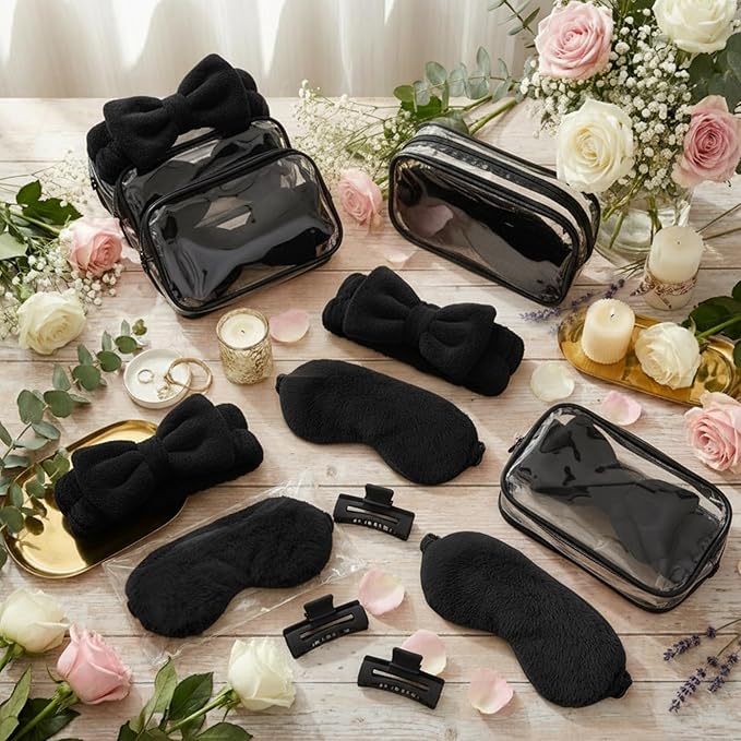 Hoteam 24 Pcs Spa Party Favors Supplies 6 Spa Headband 6 Plush Sleep Eye Mask 6 Hair Claw Clips 6 Clear Cosmetic Bags for Adult Sleepover Slumber Party Graduation Gift(Black)