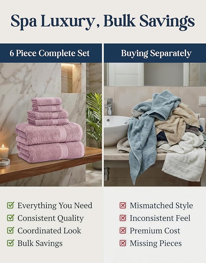 LANE LINEN 100% Cotton Turkish Towels for Bathroom - 6 Piece - Softer & Highly Absorbent - 2 Bath, 2 Wash cloths, 2 Hand Towels - Complete Family Set, Hotel Quality & Gentle on Skin - Wistful Mauve