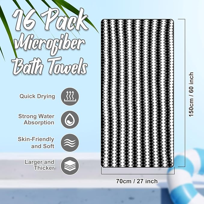 SmoothNovelty 16 Pack Microfiber Bath Towels Bulk 27'' x 60'' Oversized Size Bath Towel Highly Absorbent Extra Large Soft Drying for Beach Shower Summer Salon Sport Gym Party (Grid,Black)