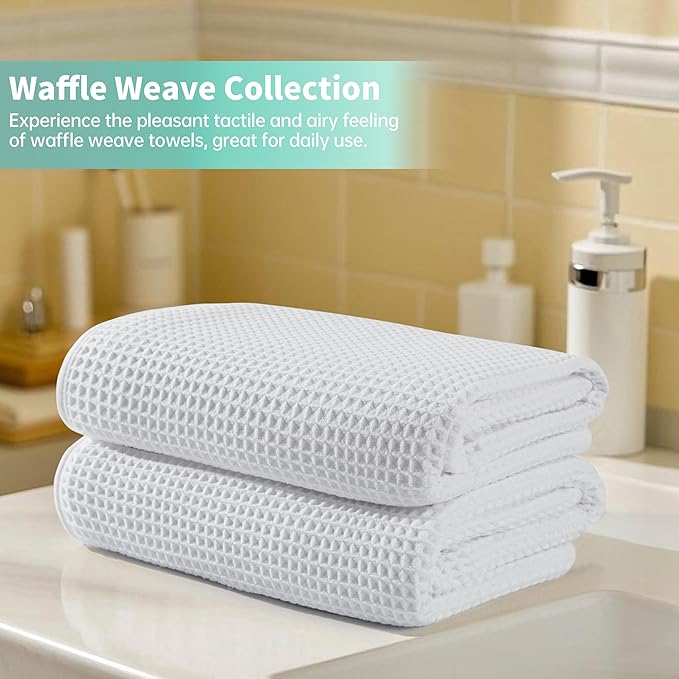Microfiber Waffle Bath Towels, 4 Pieces, Soft, Absorbent, Fast Drying, Lint Free 430 GSM (White)