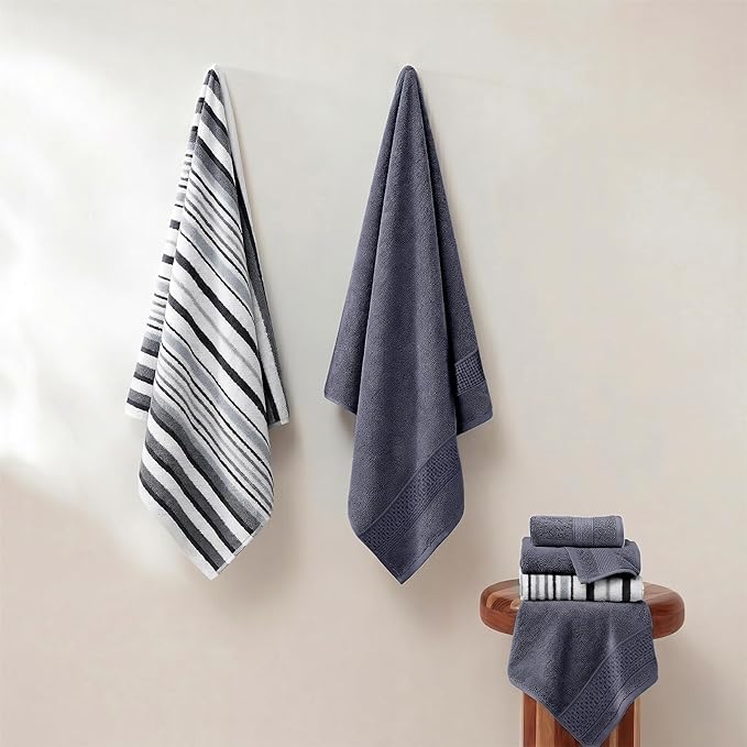 Modern Threads Pax 6-Piece Reversible Yarn Dyed Jacquard Towel Set - Bath Towels, Hand Towels, & Washcloths - Super Absorbent & Quick Dry - 100% Combed Cotton, Denim