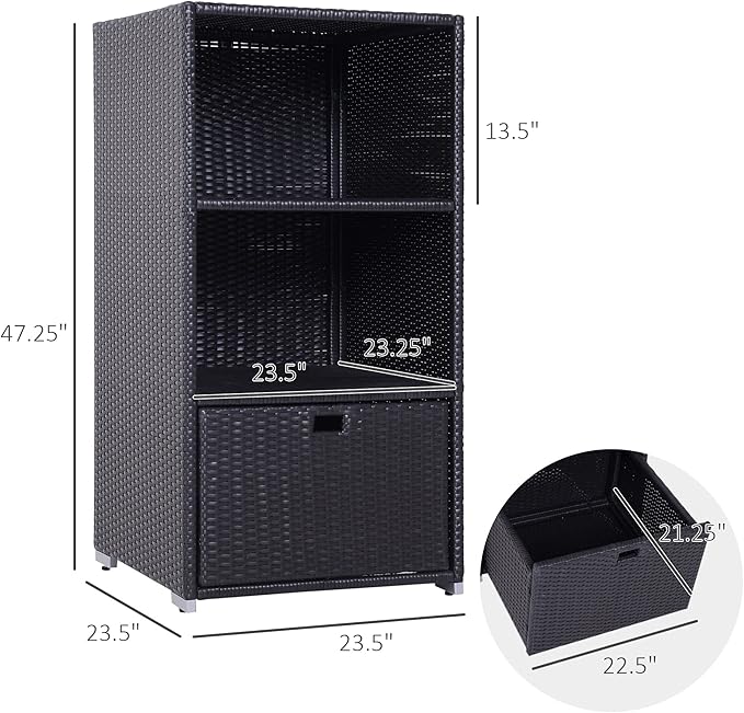 Outsunny Valet Pool Towel Rack, Waterproof PE Plastic Rattan Wicker Storage Organizer, Indoor Outdoor Spa, and Hot Tub Accessory Storage, 2 Shelves, 1 Basket Drawer, Espresso