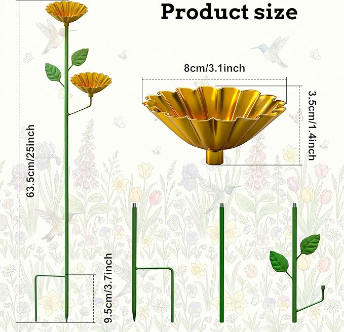 Bee Watering Station for Garden 4 Pack, Metal Double-Flower Bee Bath Garden Stakes, Colorful Bee Cups Pollinator Feeder Outdoor Decor for Bees Butterflies, Yard Garden Decorations