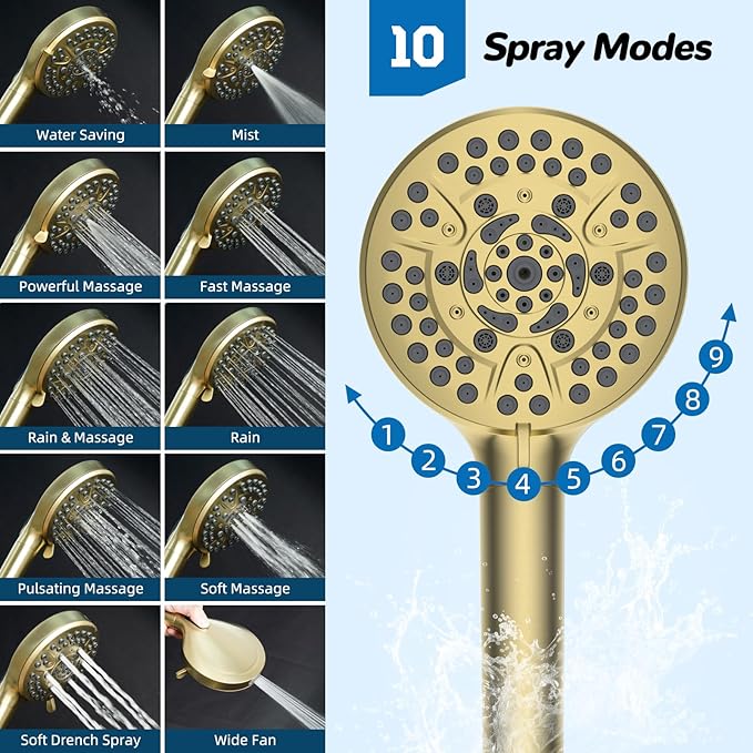 Hibbent cUPC Certified 13'' Shower Head Combo, High Pressure 5 Spray Rainfall Showerhead, 10 Spray Handheld, All Metal Easy Reach 4-way Diverter Arm with Pause Mode, 71'' Hose and Holder, Brushed Gold