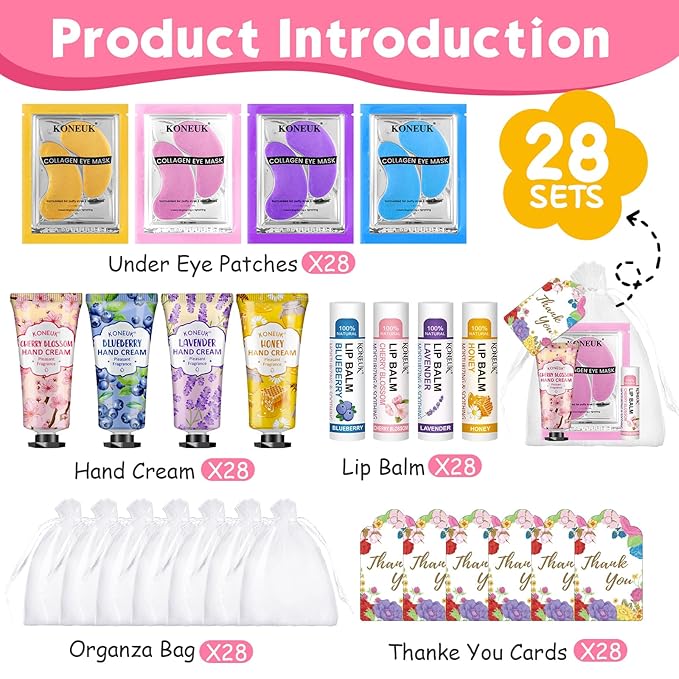 84 Pcs Bulk Gifts for Women,Teengirls, Under Eye Patches, Hand Creams Bulk & Lip Balms Bulk, Spa Party Supplies, Party Favors for Bridal Wedding, Sleepover Party, Thank You Gifts for Mom, Teacher Gift