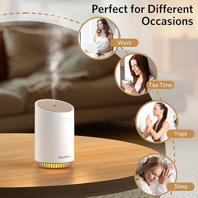 Portable Aromatherapy Diffuser 280ml, Rechargeable Essential Oil Diffuser with LED Light, Cool Mist Humidifier with 2 Mist Modes, Auto Shut-Off, Cordless Use for Home, Office, Bedroom - White