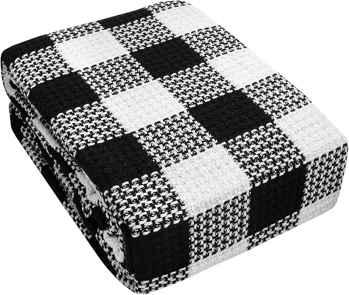 Fine Cotton Blend Blanket Luxurious Weave Stylish Design Soft and Comfortable All Season Warmth, Full/Queen, Buffalo Plaid Black White(Pack of 1)