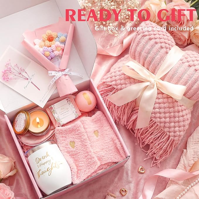 Birthday Gifts for Women,Mothers Day Gifts for Mom,Valentines Day Gift for Her,Self Care Spa Gift Basket with Blanket Candle Bath Bomb,Relaxing Spa Set,Get Well Package,for Mom Wife Sister Best Friend