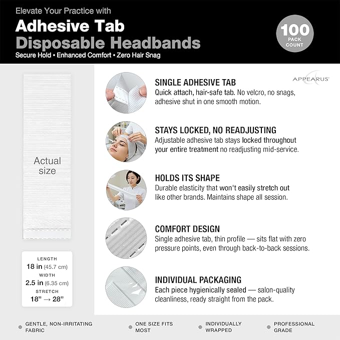 APPEARUS Disposable Stretch Facial Headbands, 100 Count, Snag-Free Adhesive Tab Closure, for Spa, Estheticians, Waxing and Lash Extensions, White