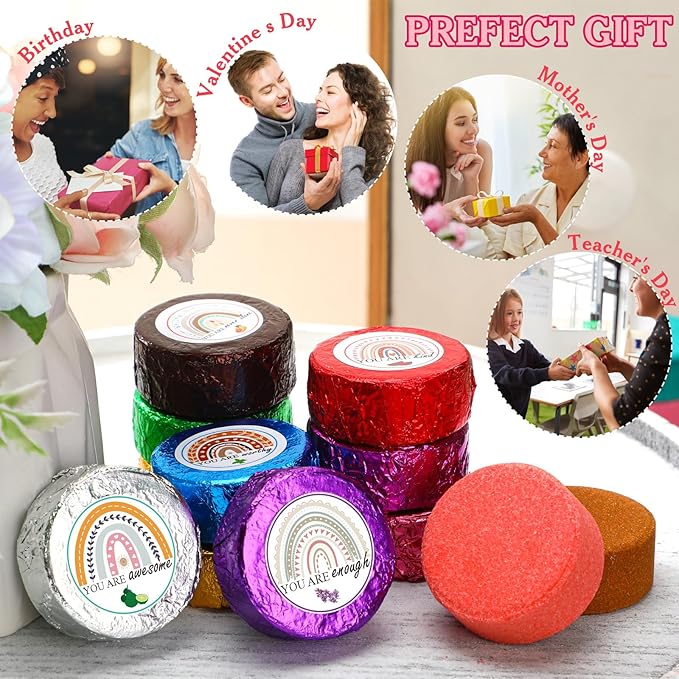 50 Pcs Valentine Spa Party Gifts Shower Aromatherapy Steamers Bulk with 10 Scents Team Appreciation Inspirational Gifts Bulk Boho Rainbow Individually Wrapped Shower Bombs for Women