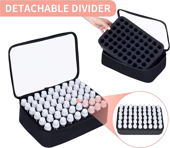 Essential Oils Carrying Case Holds 54 Grids for 1-3ML Roller Bottles 5ml, 10ml, 15ml Bottles Storage Organizer Bag Transparent, Essential Oil Bag with Detachable Pad Black