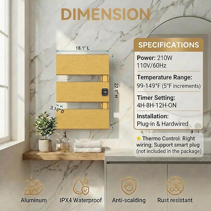 Electric Towel Warmer, Heated Towel Rack with Thermo Control and Timer, Fast Heating Towel Rail for Bathroom with Memroy Function, Work with Smart Plug, Right-Wiring, 3 Panel, Gold