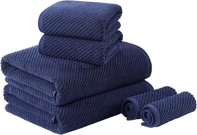 Madison Park Bathroom Towel Set of 6 Diagonal Ribbed, Navy 100% Cotton Quick Dry & Absorbent| 2 Bath 30" x 56"| 2 Hand 18" x 28"| 2 Washcloths 13" x 13"| Zero Twist, 500 GSM, Oeko-TEX