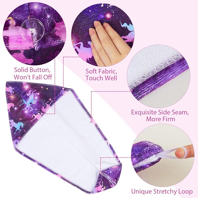 Basumee Microfiber Hair Towel Wrap for Kids 2 Pack Rapid Drying Hair Towel with Button Hair Turbans for Wet Hair Wraps Head Towel Wrap for Women and Girls, Dark Unicorn