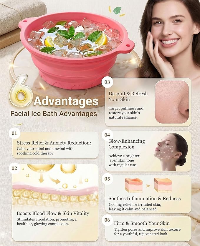 Face Ice Bath Bowl with Built-in Ice Tray, Collapsible Silicone Face Bowl for Ice, Reusable Ice Facial Bowl for Cold Plunge Therapy, Skin Tightening, Acne Relief, Portable Spa Tool for Camping, Travel