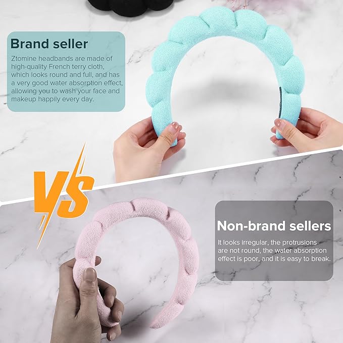 Ztomine Spa Headbands for Washing Face or Facial, Set of 2 Skincare Headbands, Terry Cloth Headband Wash Combo Pack - Puffy Makeup Washing, Mask, Skin Treatment (Black & Turquoise)