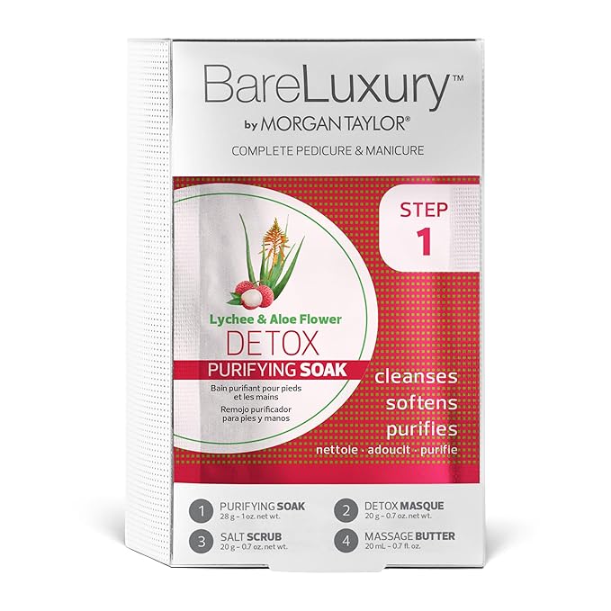 Morgan Taylor BareLuxury 4-Step Complete Pedicure & Manicure Packs - Complete Nail Care Kit with Soak, Masque, Scrub & Massage Butter, Professional Spa-Quality Treatments (Detox Lychee & Aloe Flower)