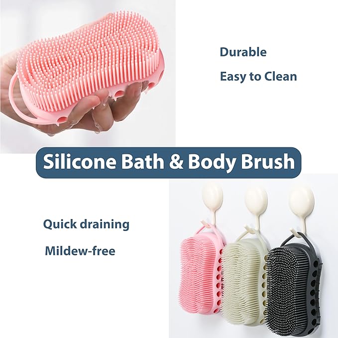 MtBoi Double-Sided Exfoliating Silicone Body Scrubber, 2-in-1 Bath Scrubber, Shampoo Brush, Silicone Loofah for All Skin Types, Shower Body Scrubber, Easy to Clean, Lather Well (Gray)