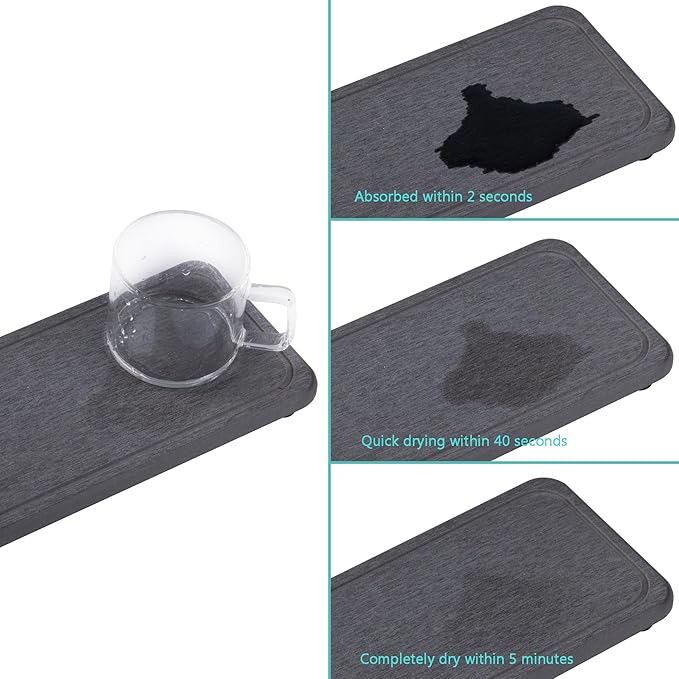 NiuYichee 2 Pcs Water Absorbing Stone Trays, Kitchen/Bathroom Sink Soap Dish, Diatomite Tray Used for Hand Soap & Cosmetic Bottles in The Modern Home, 4" W x 8.3" L, Dark Gray
