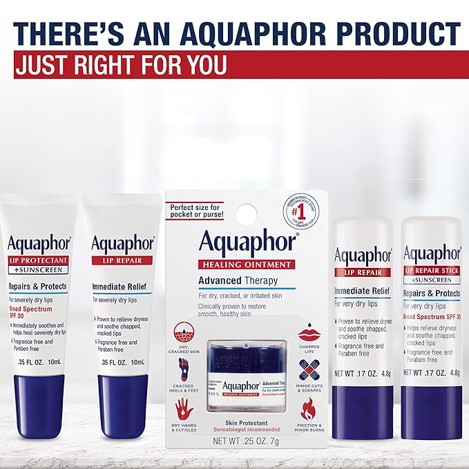 Aquaphor Lip Repair Ointment - Long-lasting Moisture to Soothe Dry Chapped Lips - .35 fl. oz. Tube,(Pack of 2)