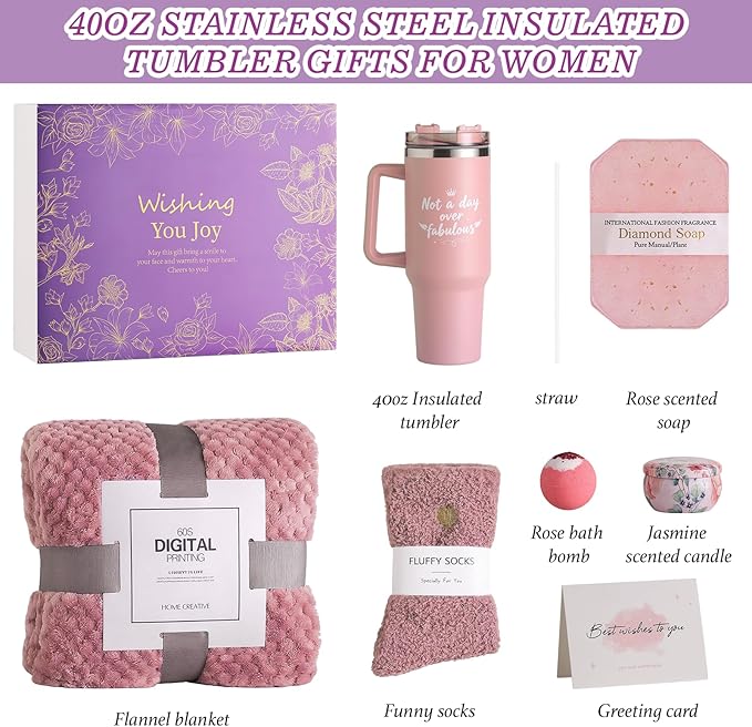 Birthday Gifts for Women – Lavender Spa Gift Basket, Self Care & Get Well Soon Set, 40oz Tumbler with Handle, Stanley Cup Gift Set for Mom, Friends, Relaxation & Pampering